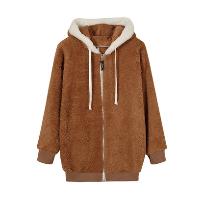 New Style Autumn And Winter Loose Plush Zipper Hooded Jacket Woman