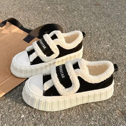 Winter Women Breathable Warm Sneakers White Wool Shoes Thick Heel Plaid Sneakers Casual Running