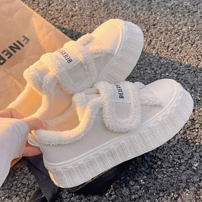 Winter Women Breathable Warm Sneakers White Wool Shoes Thick Heel Plaid Sneakers Casual Running