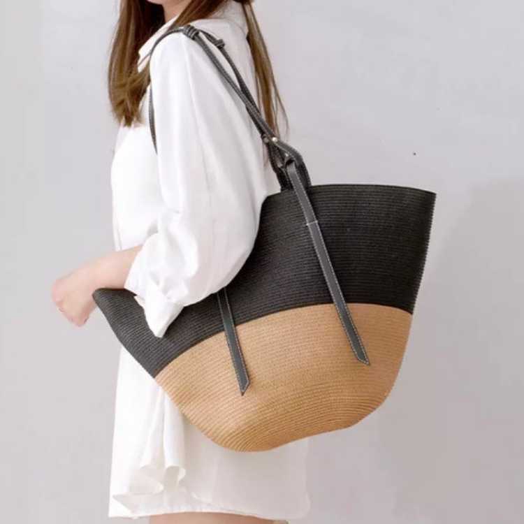Bolso de rafia combinado Saint Tropez negro