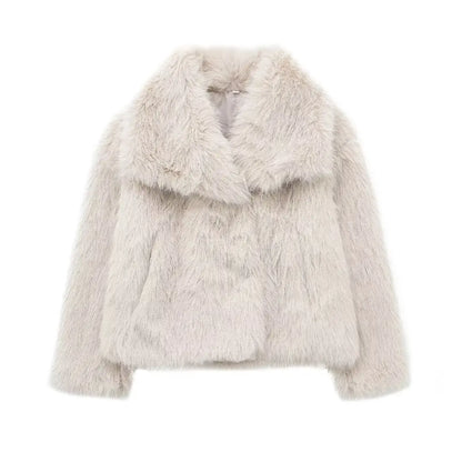 HH Women Fashion Cropped Faux Fur Jacket Coat Long Sleeve Front Snap-button Female Outerwear Chic Lapel Collar Thick Coat