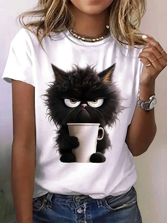Cat Print T-shirt, Casual Short Sleeve Crew Neck